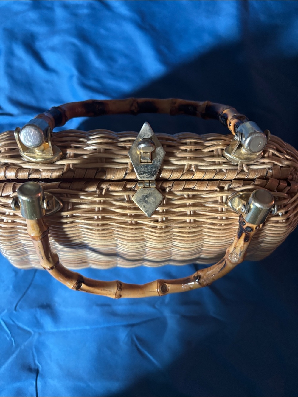 Vintage Woven Straw Handbag with Bamboo Handles - Natural - Picture 3 of 9